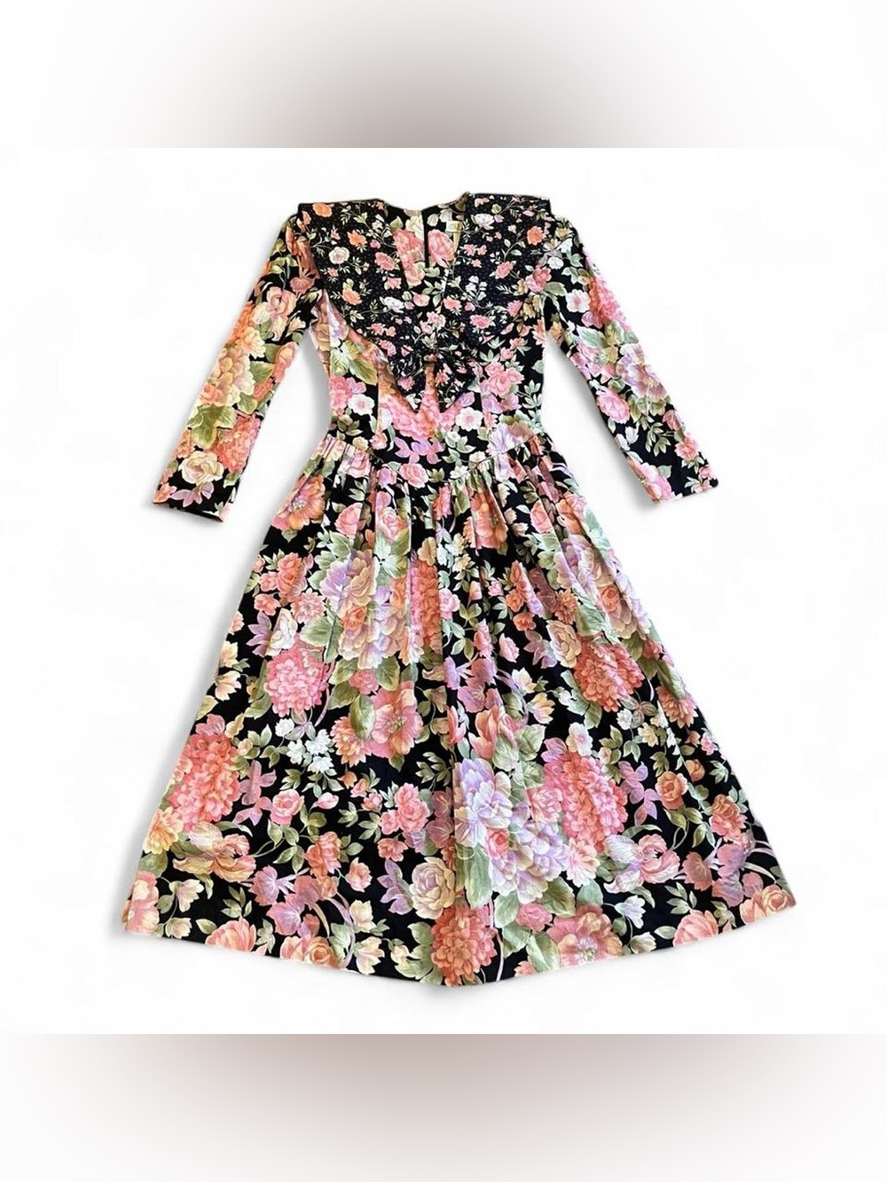 TRUE VINTAGE • 1980s LESLIE LUCKS FLORAL OVERSIZED BIB COLLAR MIDI BOW DRESS 🎀